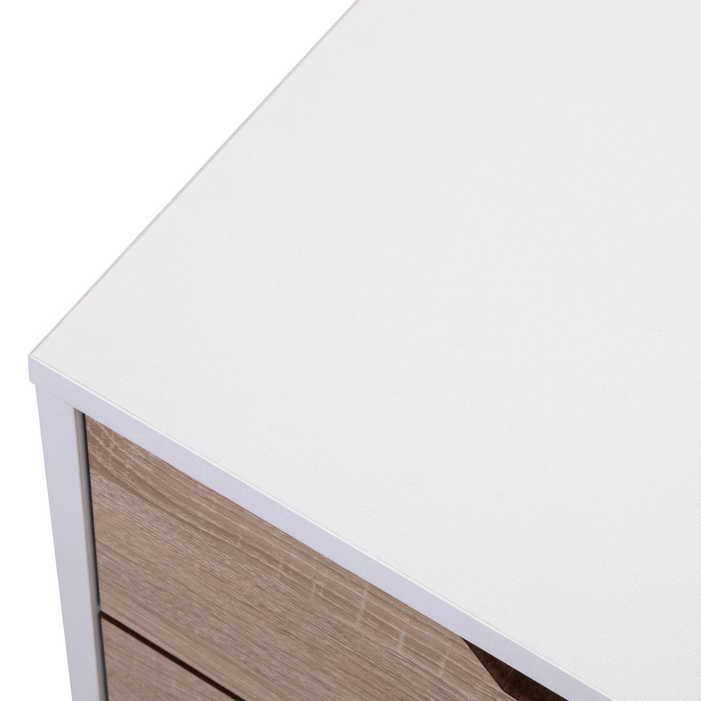 White textured tabletop on modern dresser with oak drawer fronts