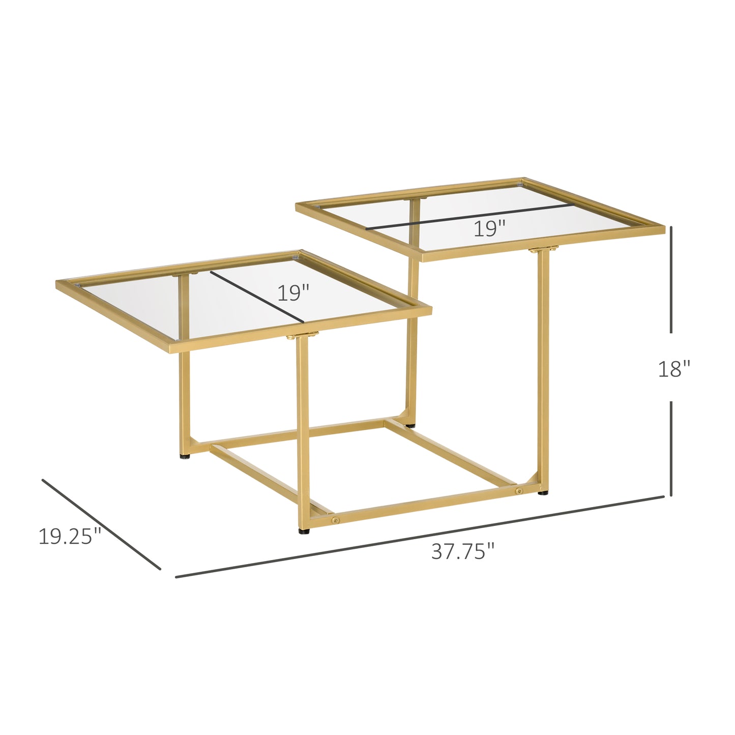 Gold geometric coffee table with staggered glass tops