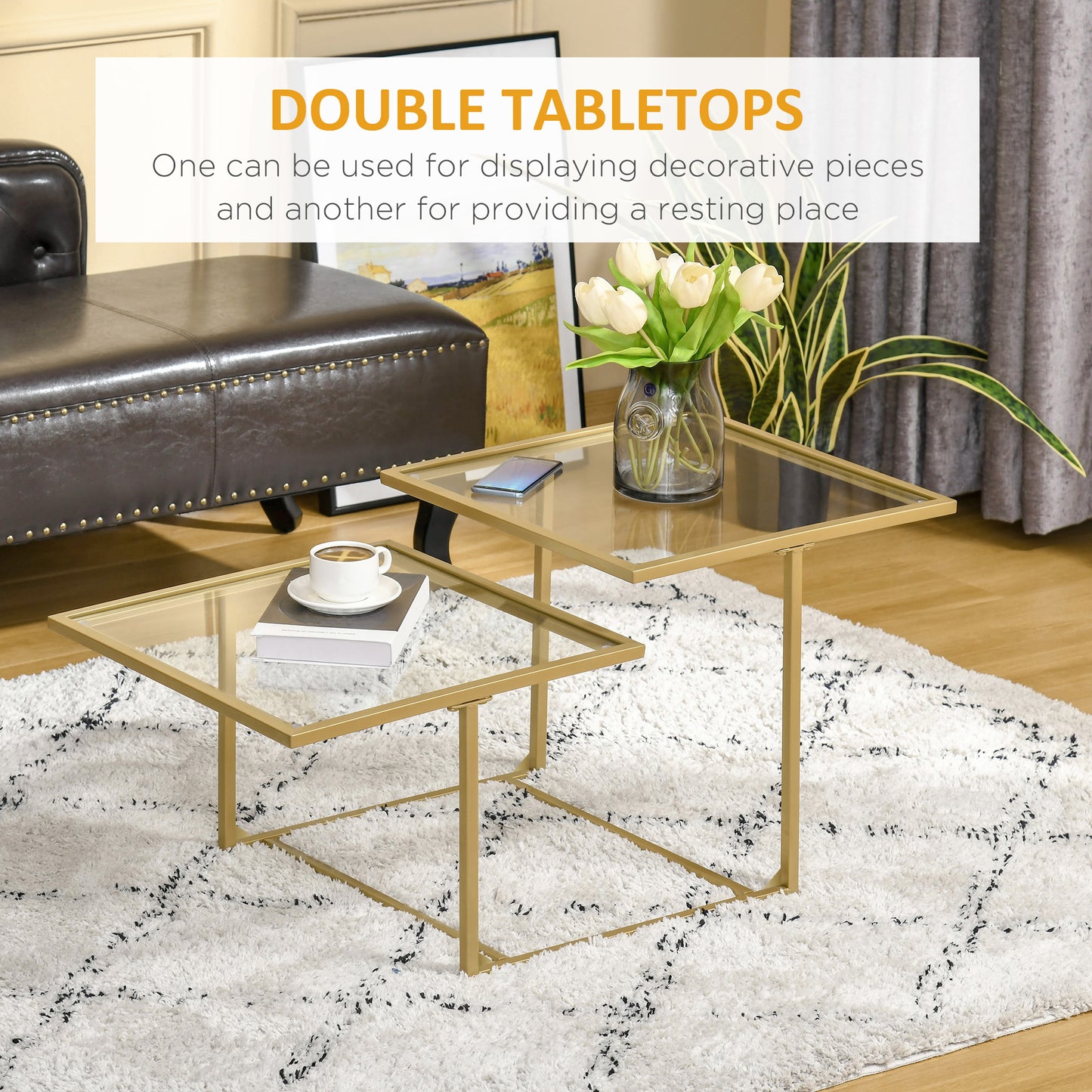 Gold metal frame side table with two staggered clear glass tops