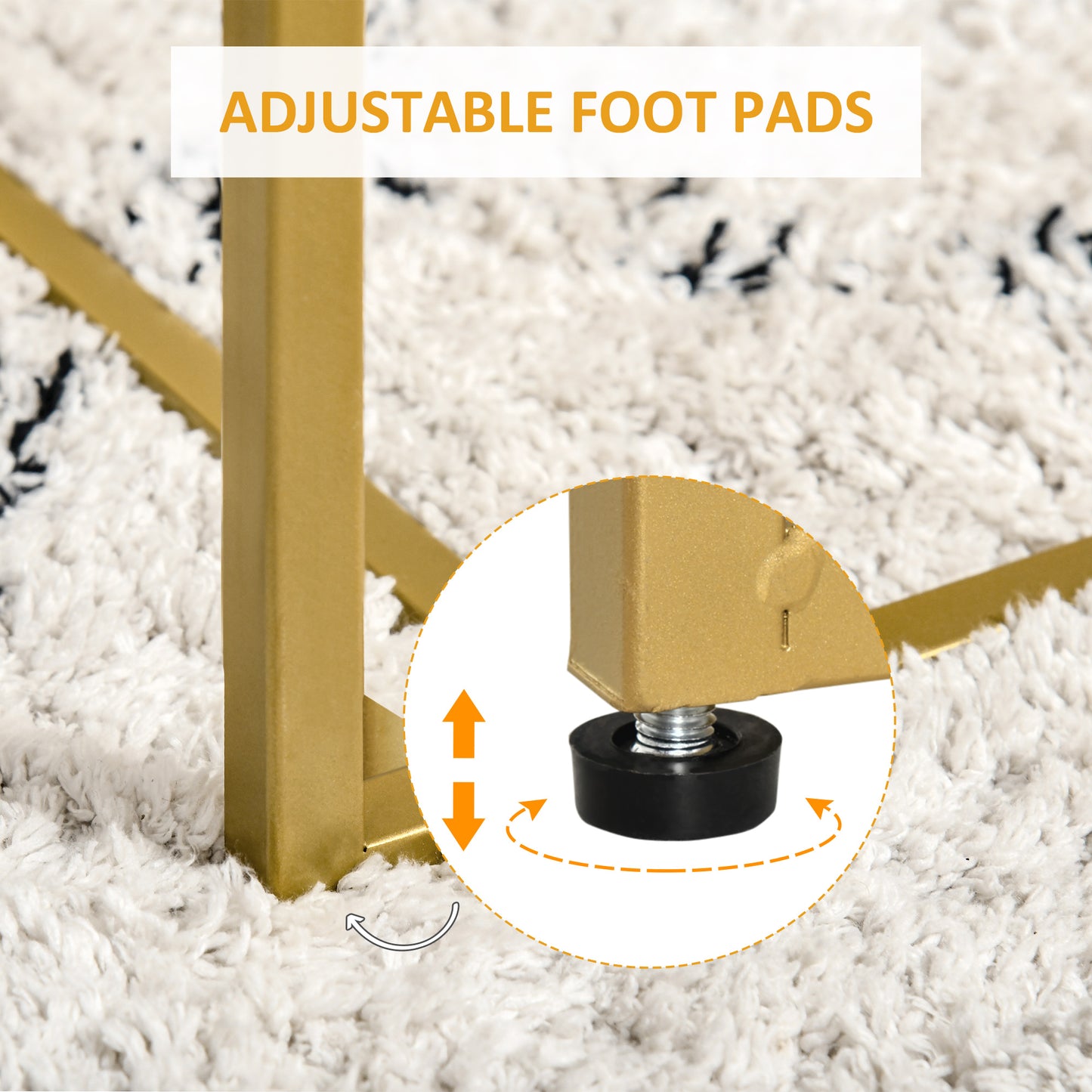 Closeup of gold furniture leg with an adjustable foot pad on a white rug