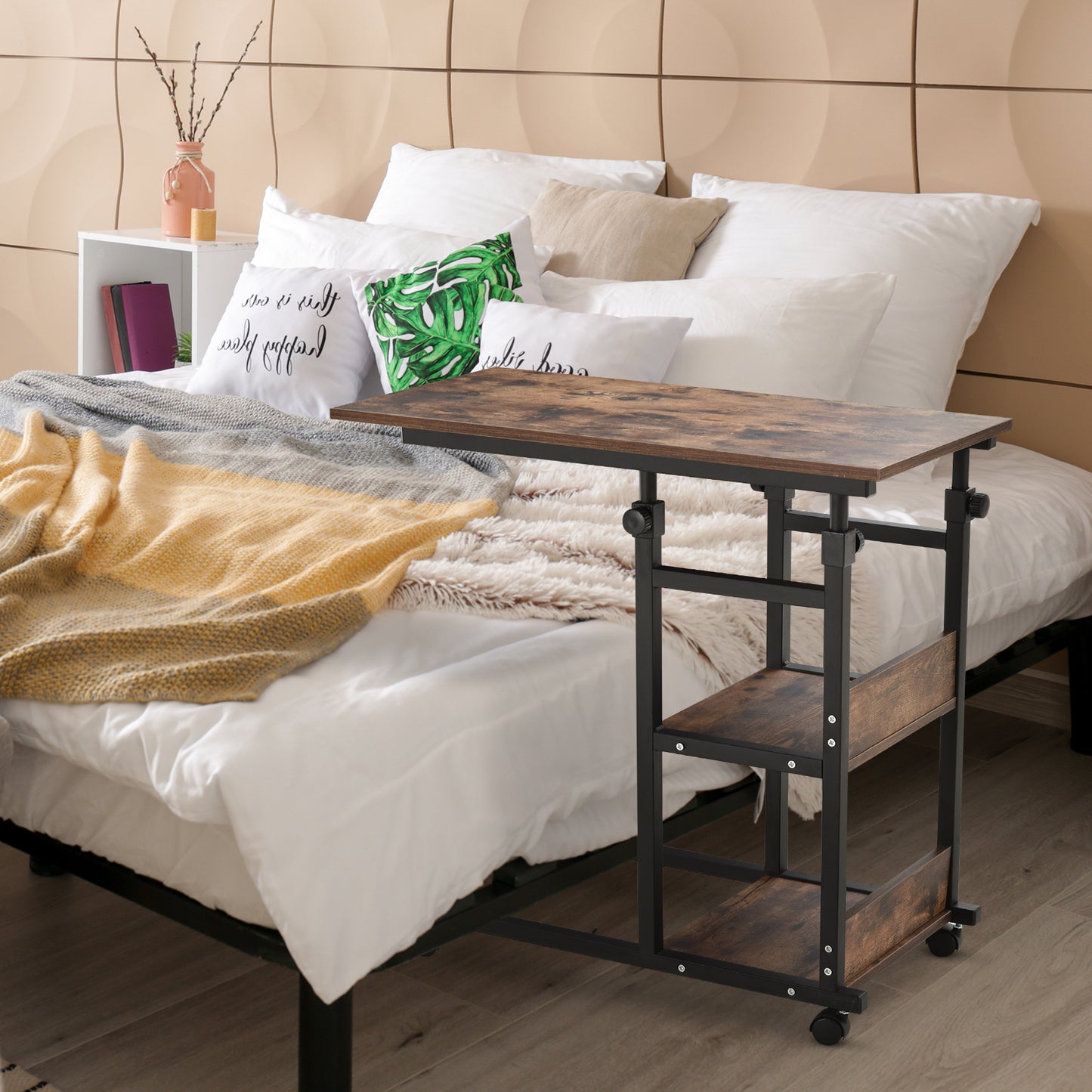 Adjustable rolling bedside table with rustic wood grain top and metal frame