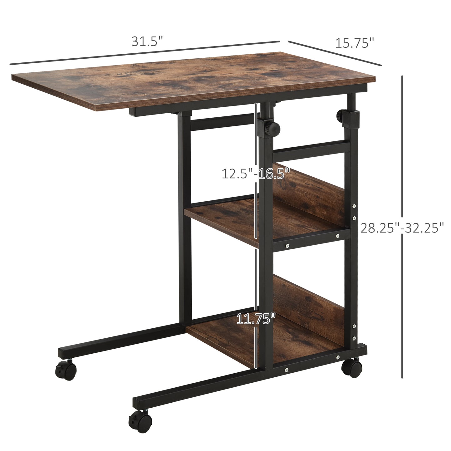 Rustic brown adjustable rolling laptop desk with dual shelves