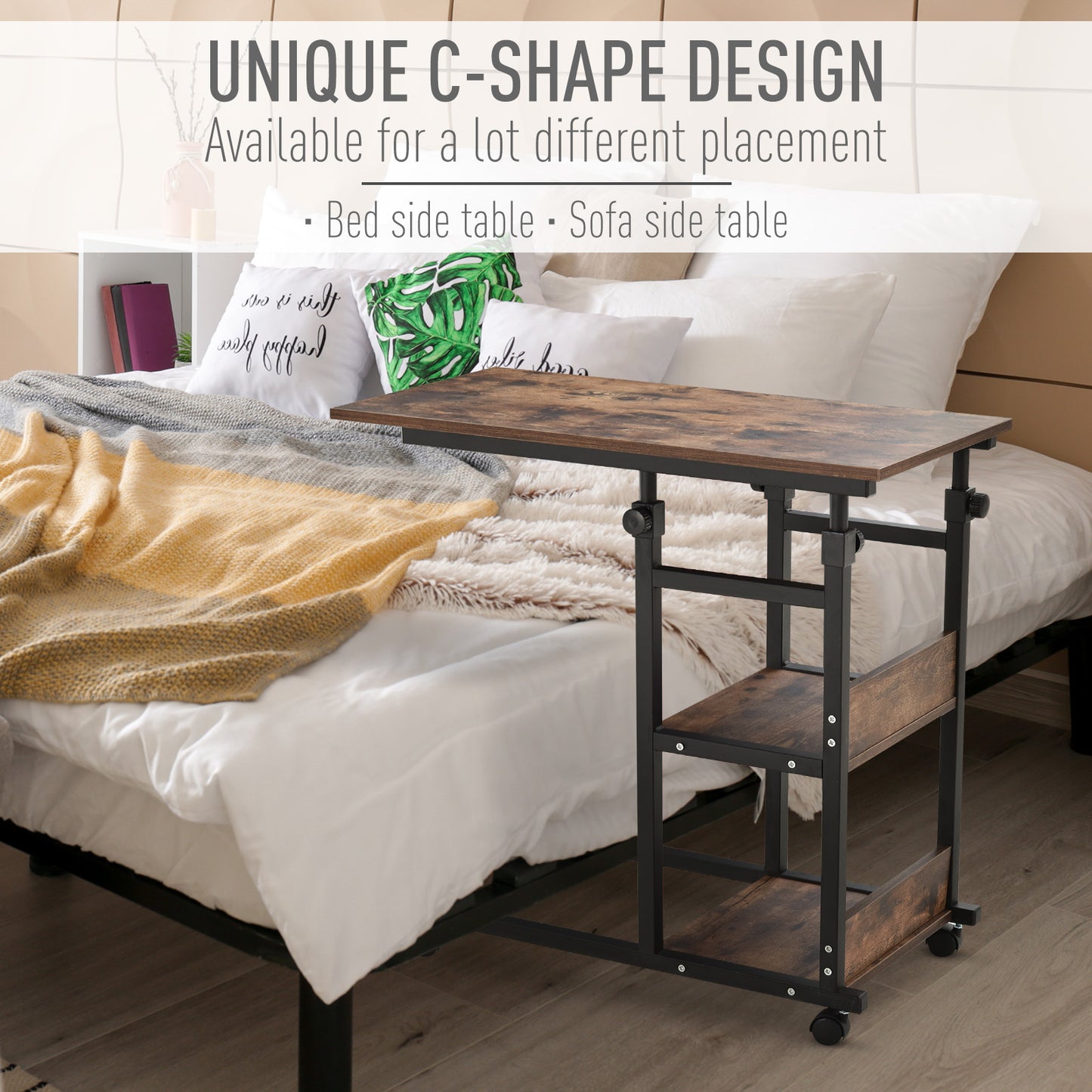 Rustic wood grain Cshape side table with adjustable height and wheels perfect for bedside use