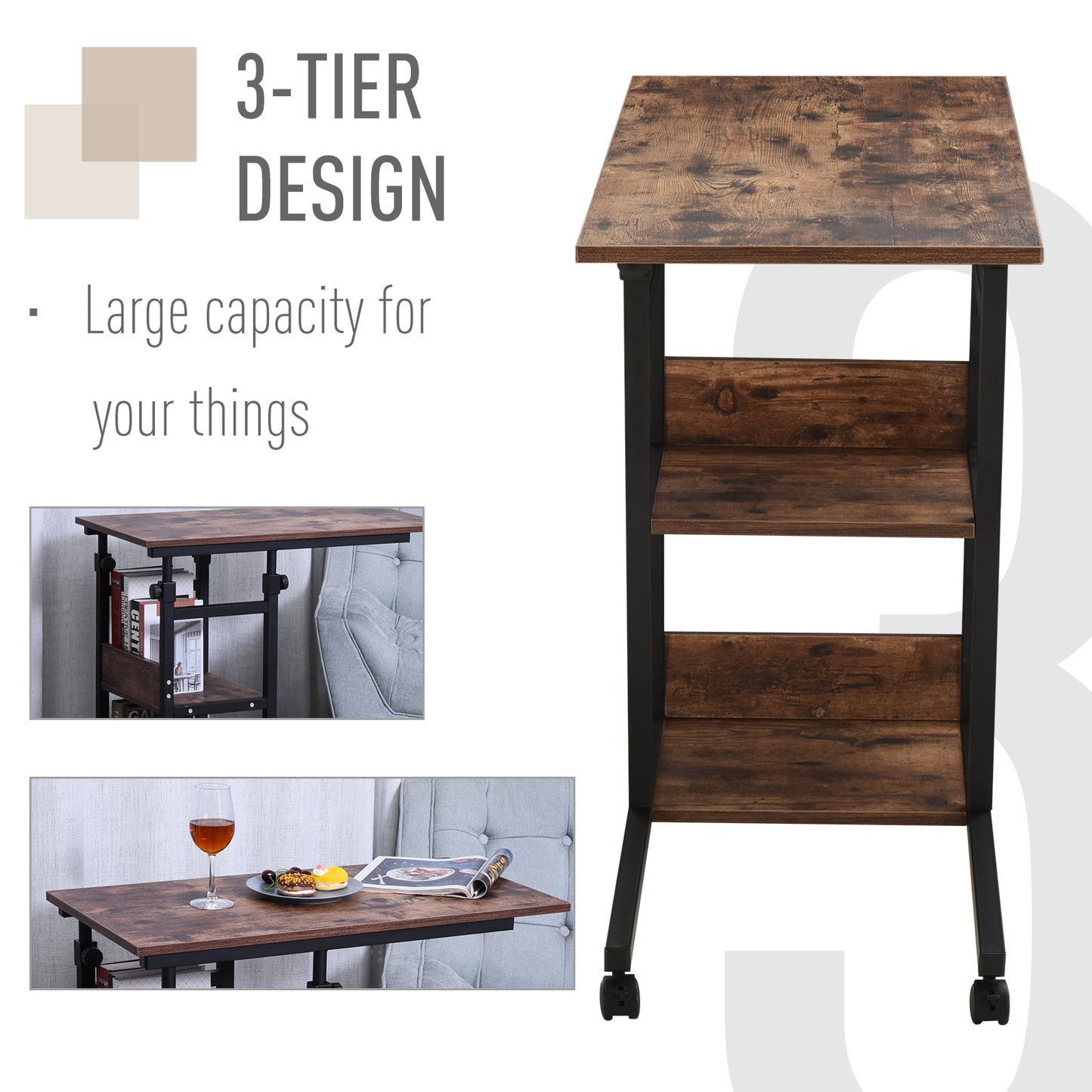 Rustic brown tier rolling cart with a wooden top and shelves for storage