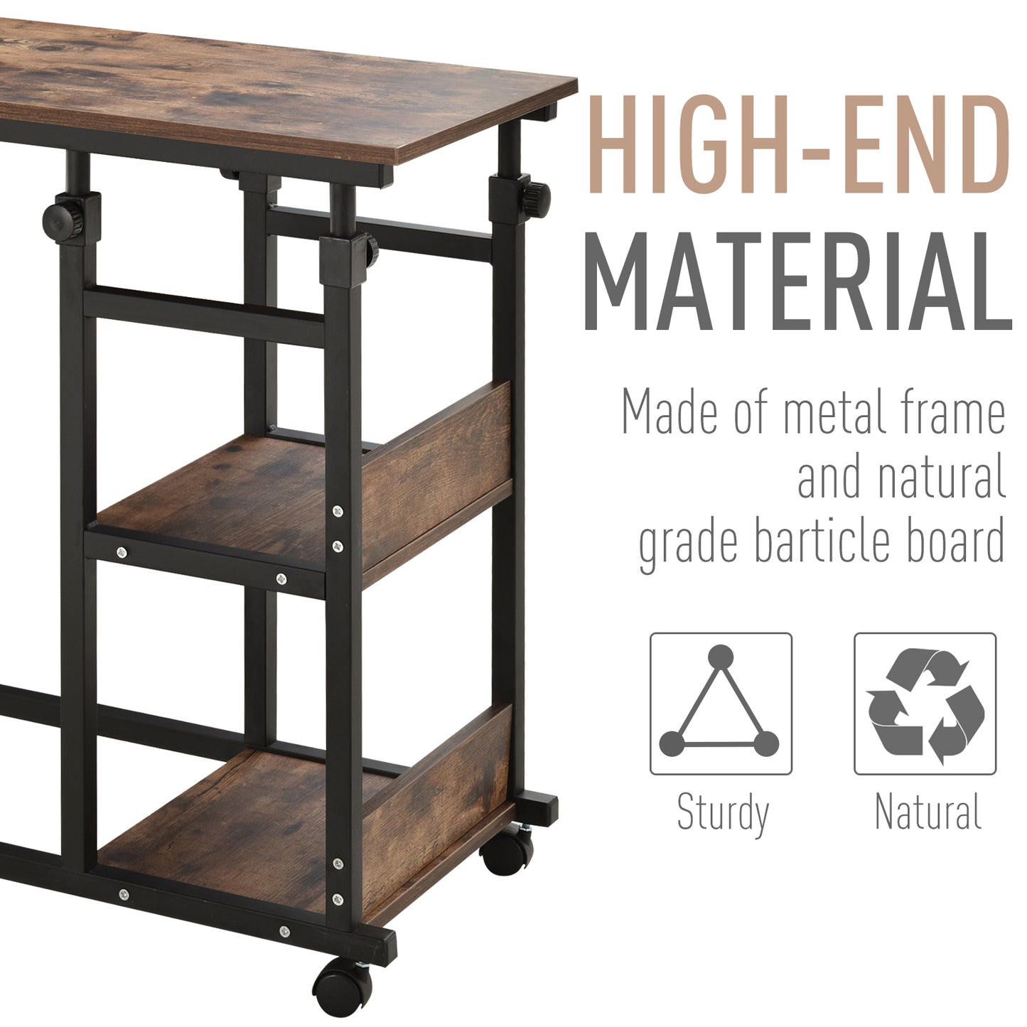 Rustic woodgrain mobile coffee cart with black metal frame and adjustable height
