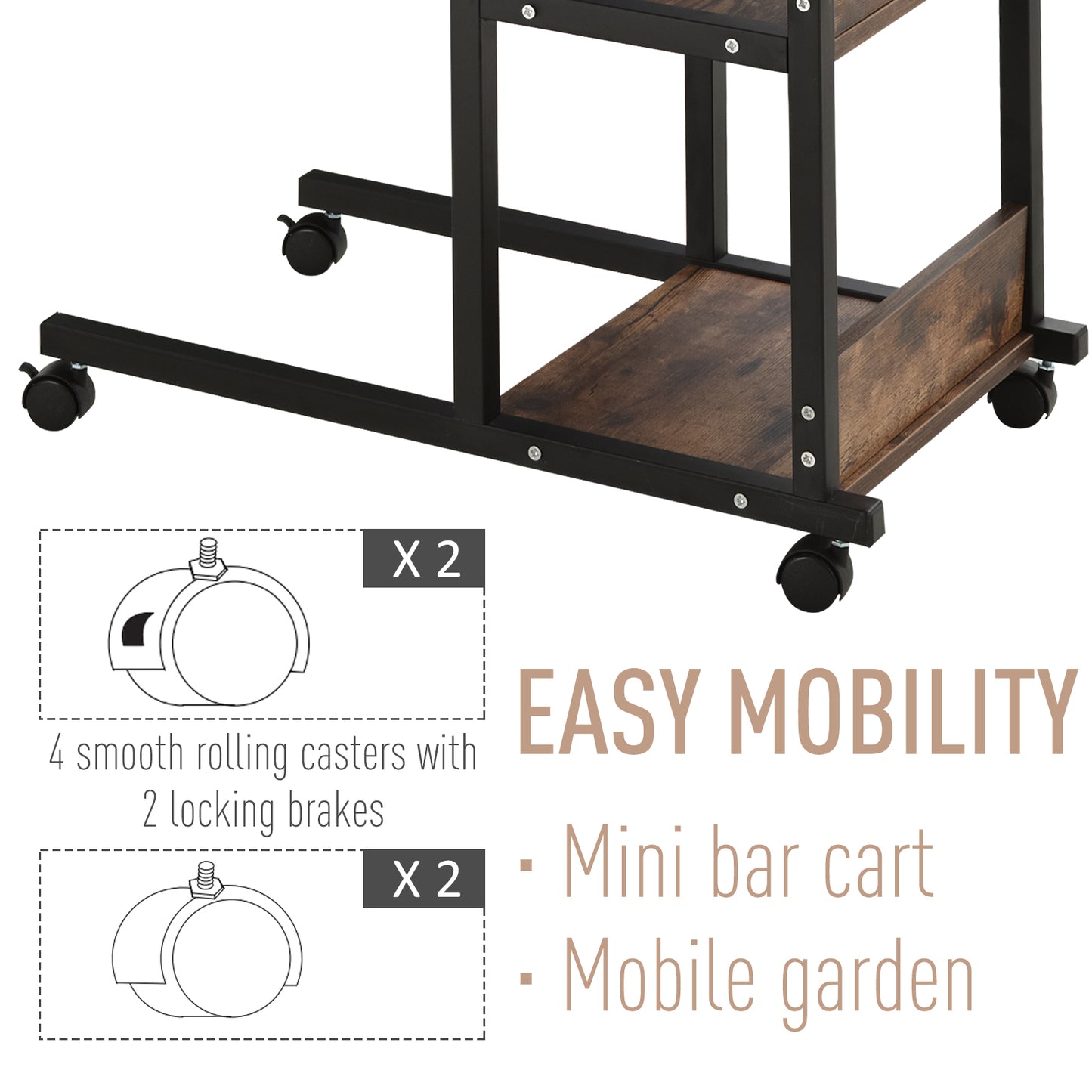 Industrial style rolling bar cart with dark wood shelves and black metal frame casters