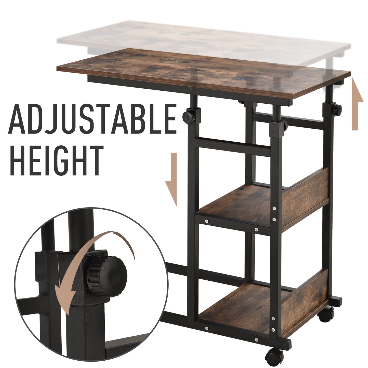 Adjustable height rolling cart with rustic wood finish and black metal frame