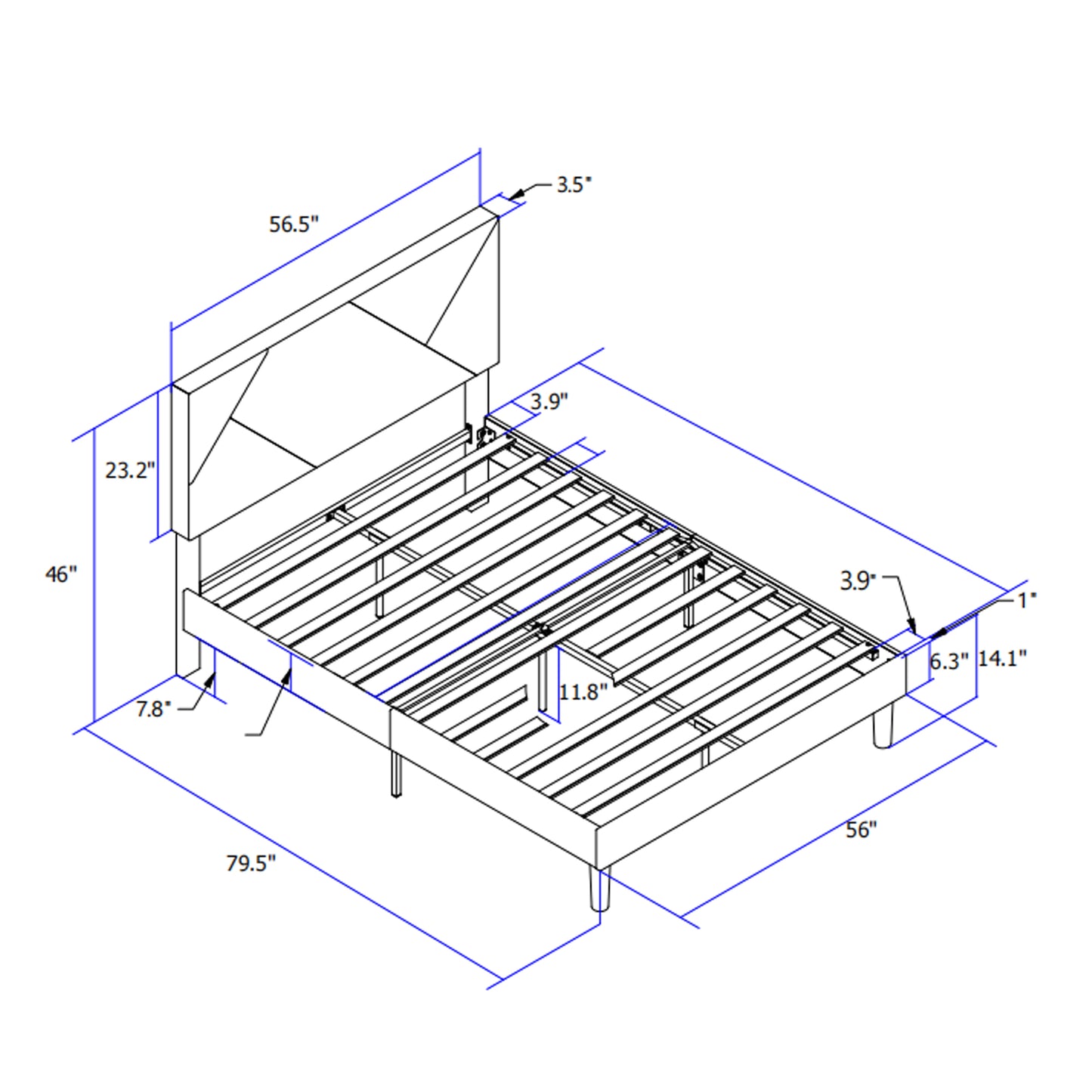 Diagram showing dimensions of a modern platform bed frame