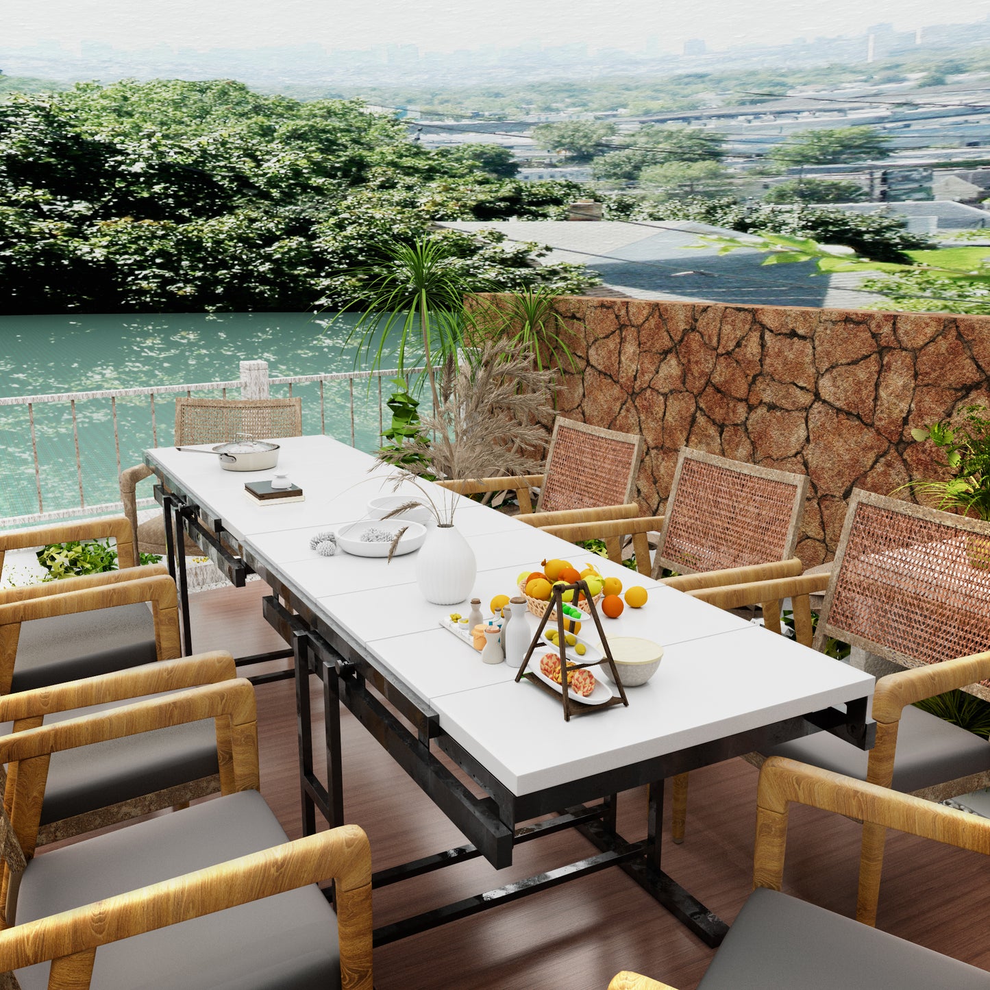 Modern outdoor dining set with white table and rattan chairs