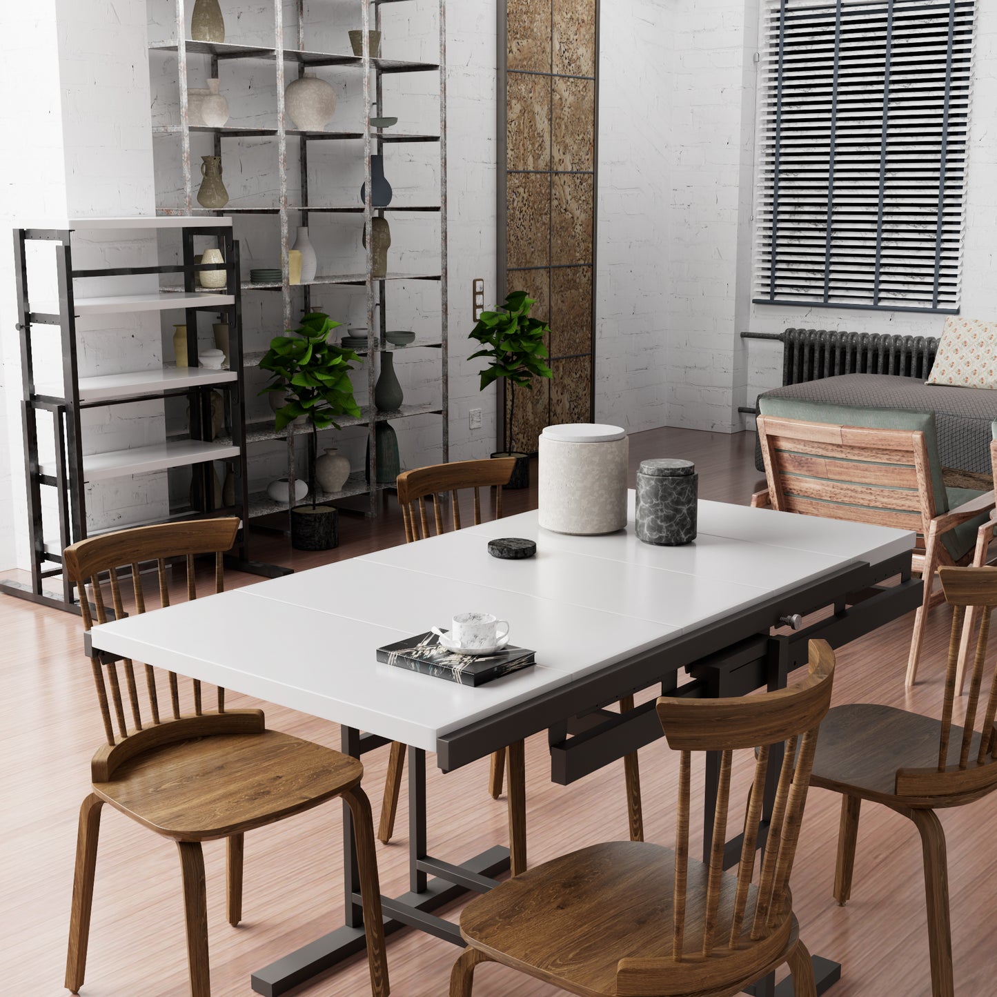 Modern white dining table with wooden chairs