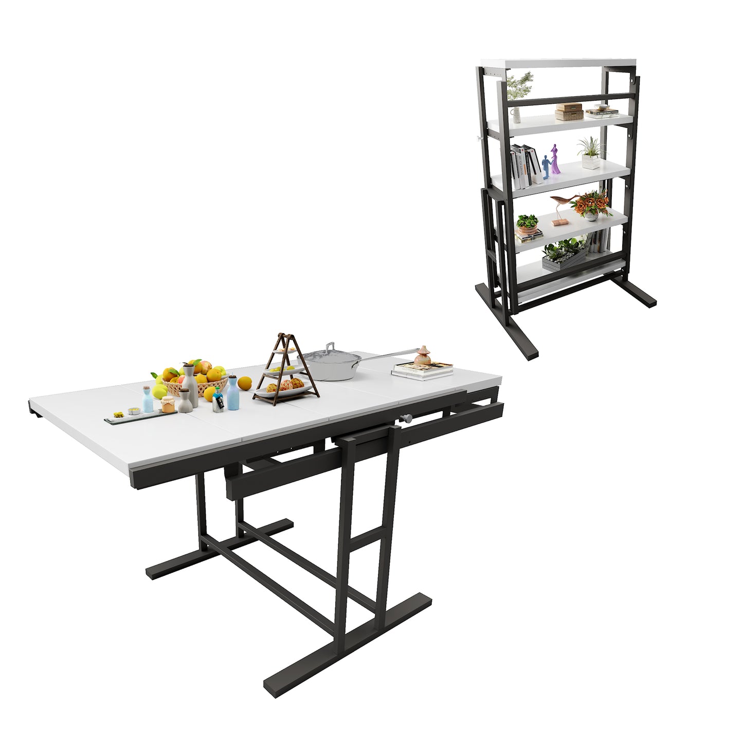 White and black folding dining table with fruit and serving dishes