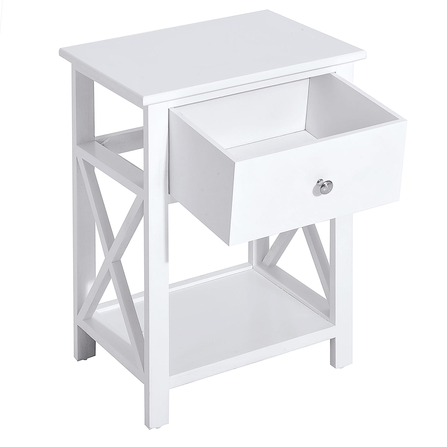 White bedside table with open drawer and lower shelf ideal for bedrooms