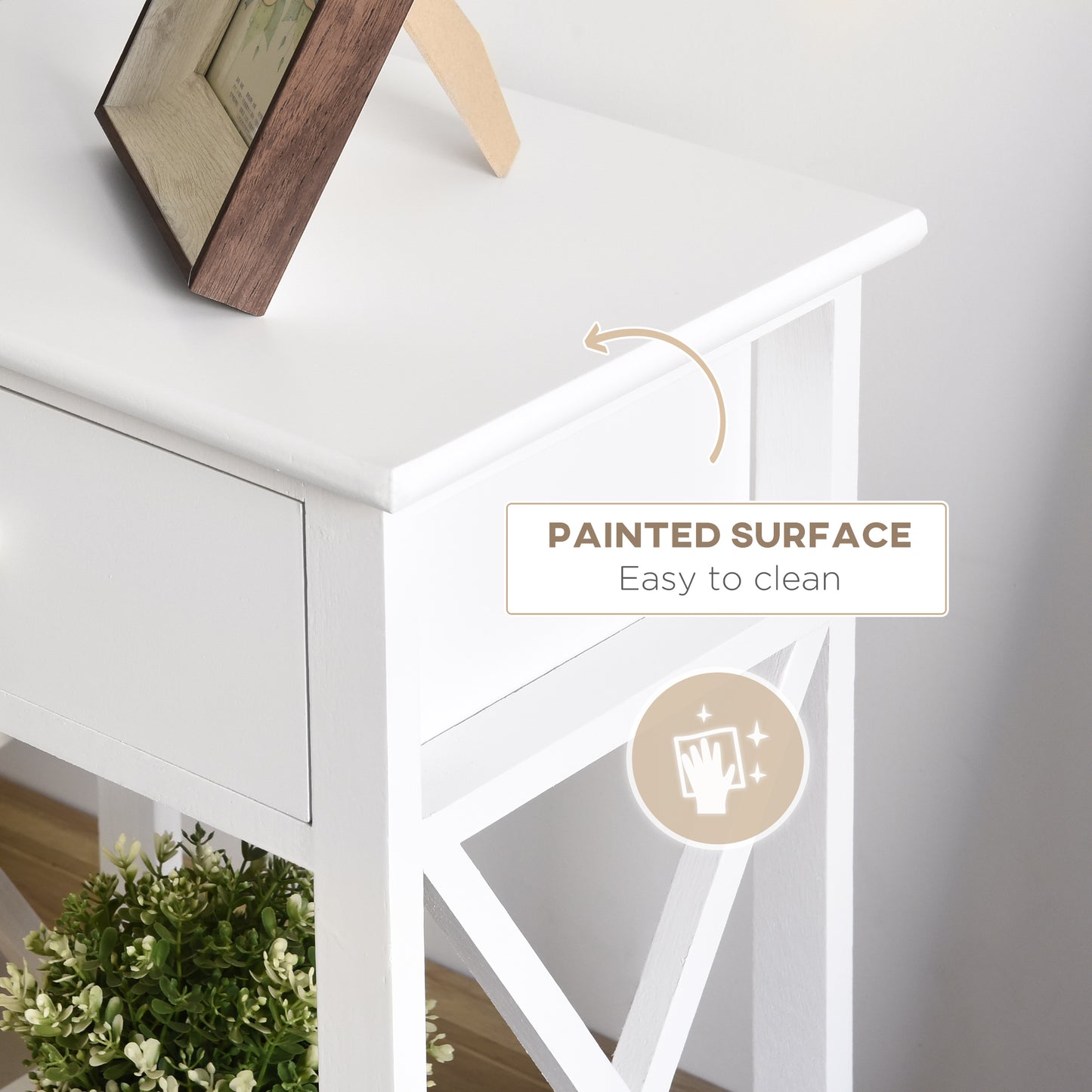 White console table with drawer and Xshaped leg design