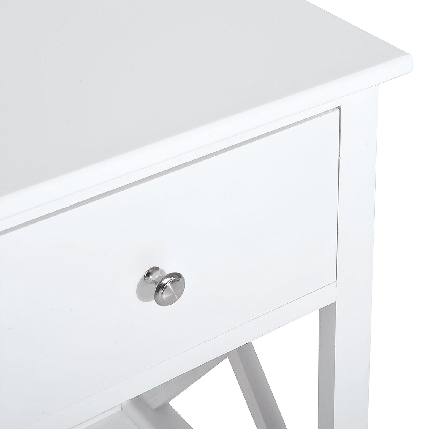 White wood bedside table with silver drawer pull