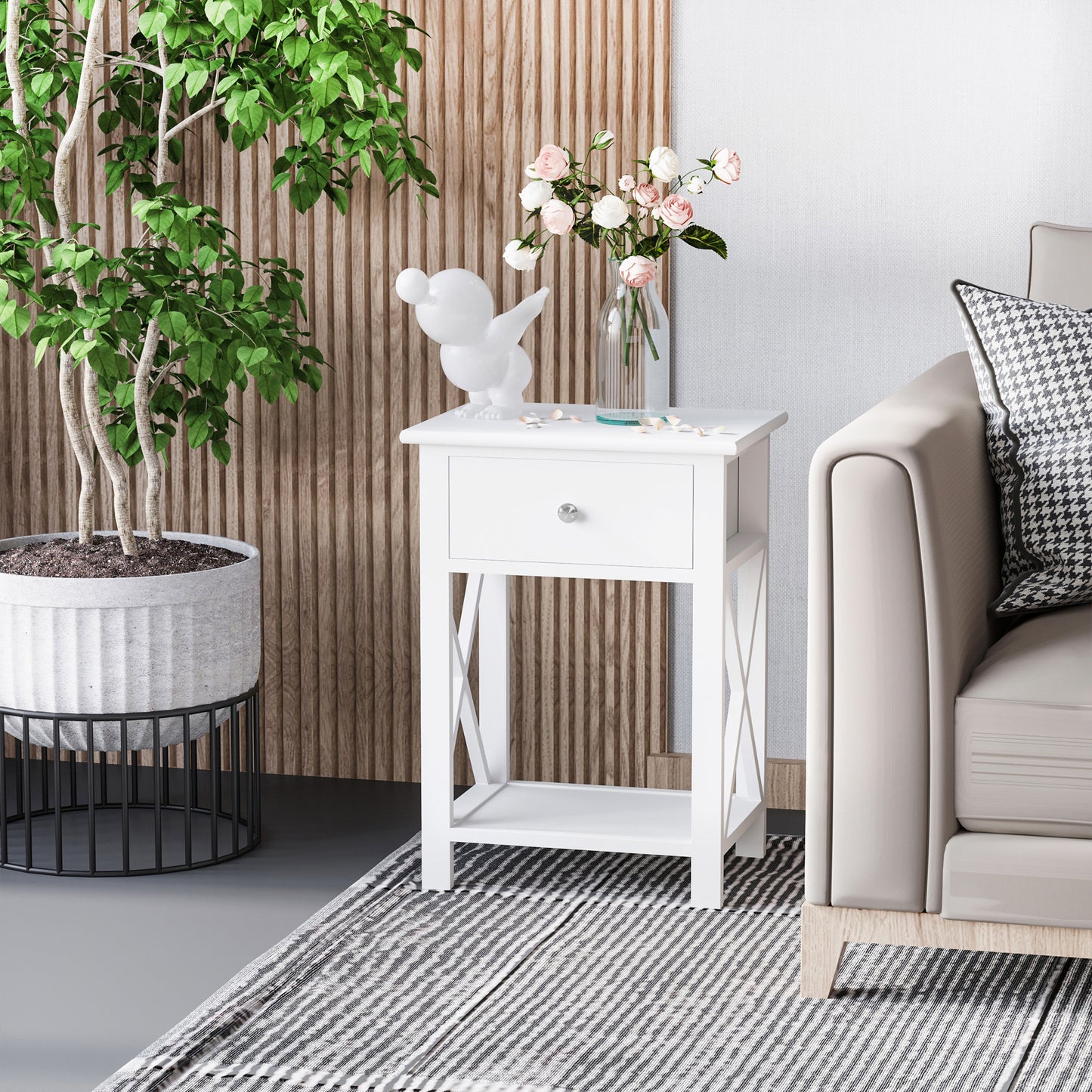 White accent table with one drawer and open shelf ideal for small spaces
