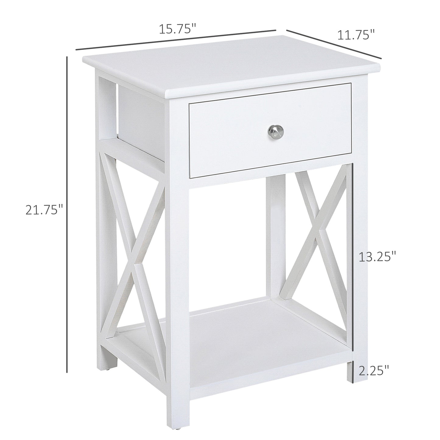 White wooden accent table with one drawer and open shelving