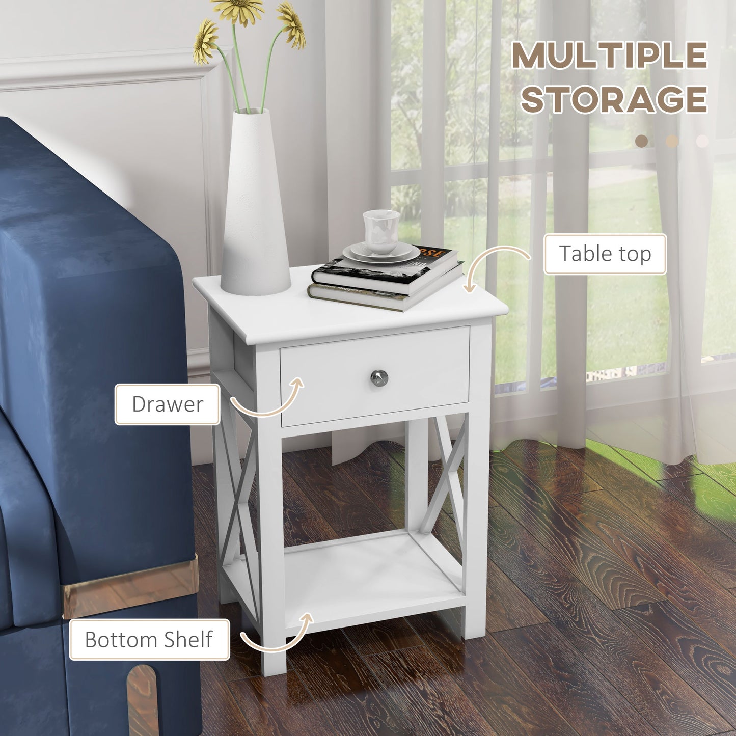 White modern end table with one drawer and an open bottom shelf for storage