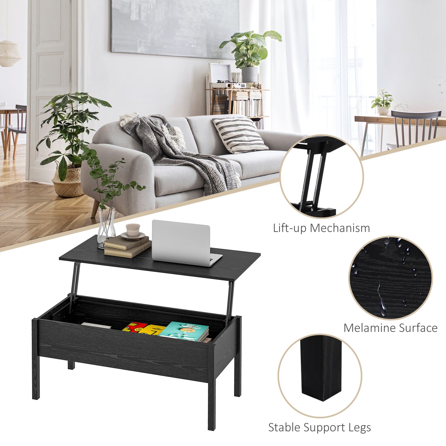 Black lifttop coffee table with hidden storage and melamine surface