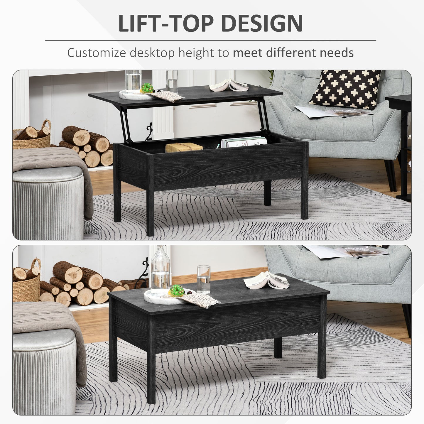 Black wood lifttop coffee table with hidden storage and modern design