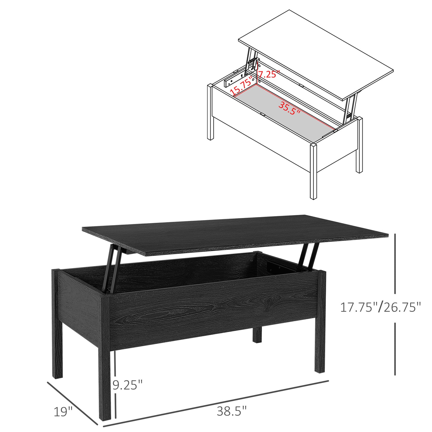 Black lift top coffee table with hidden storage modern wood grain finish