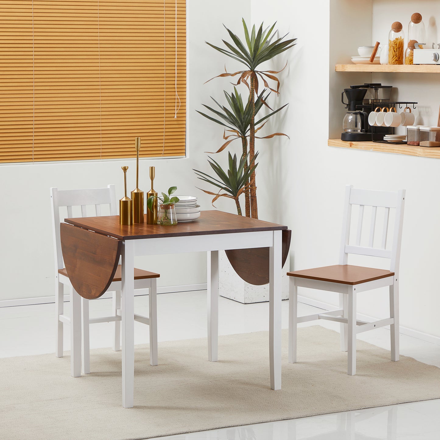 White and wood drop leaf dining table set for two