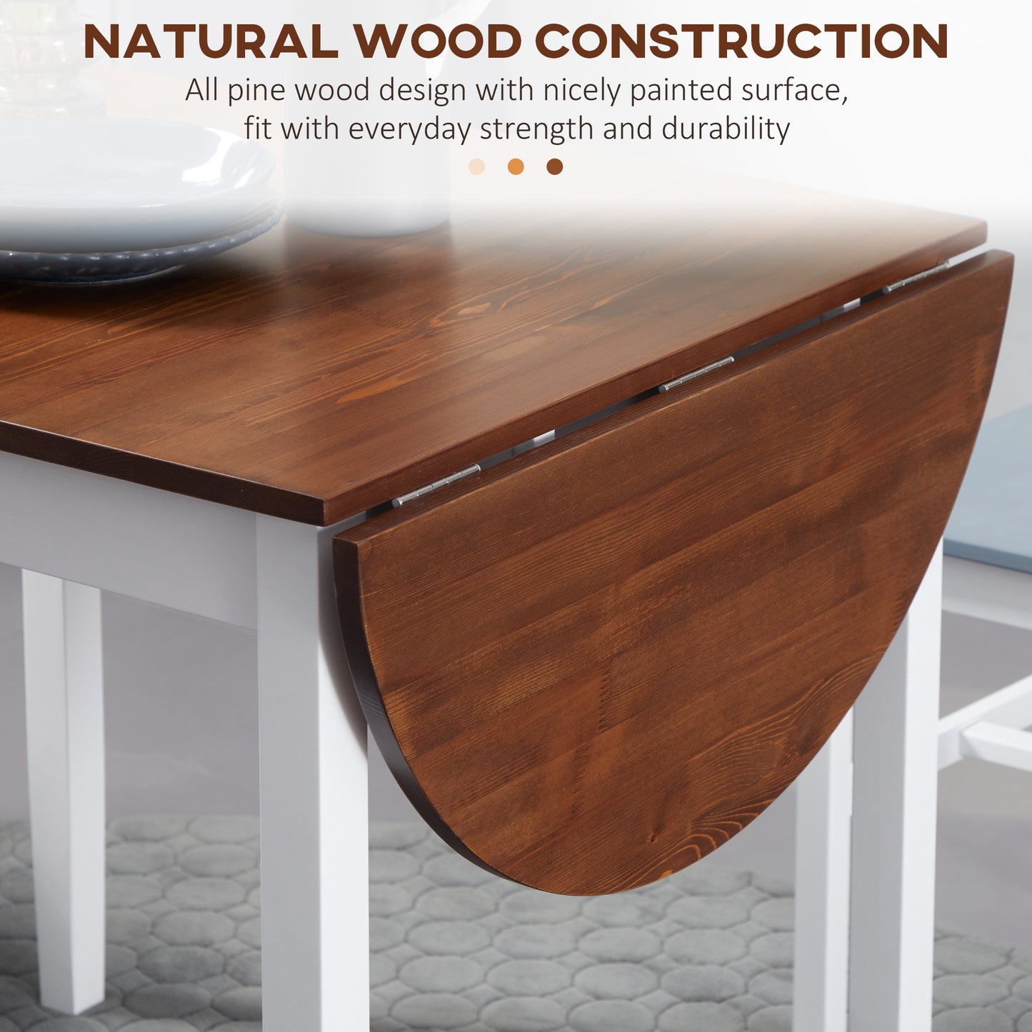 Dark wood dropleaf dining table with white base ideal for small spaces