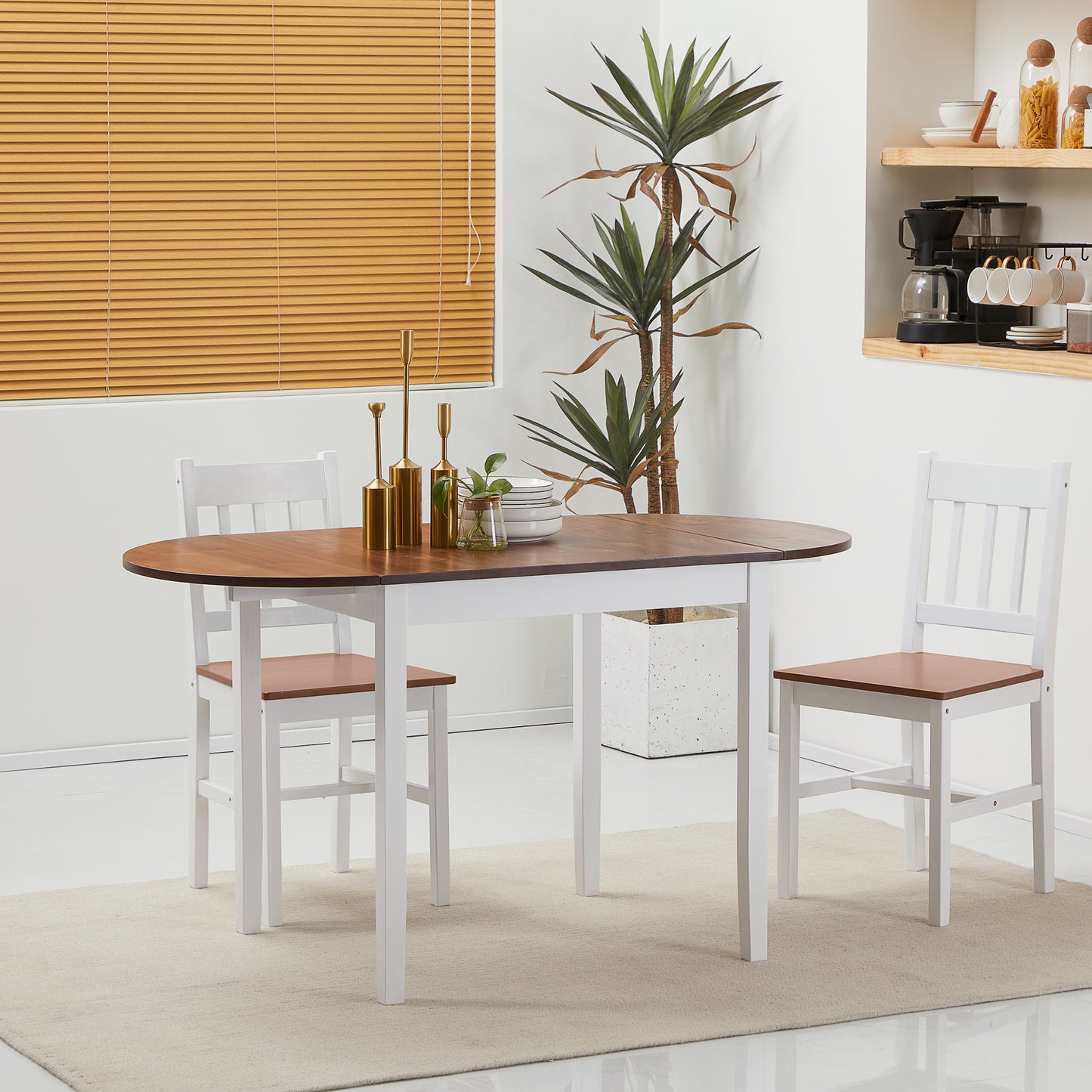 Round Drop Leaf Dining Table with white legs and wood top
