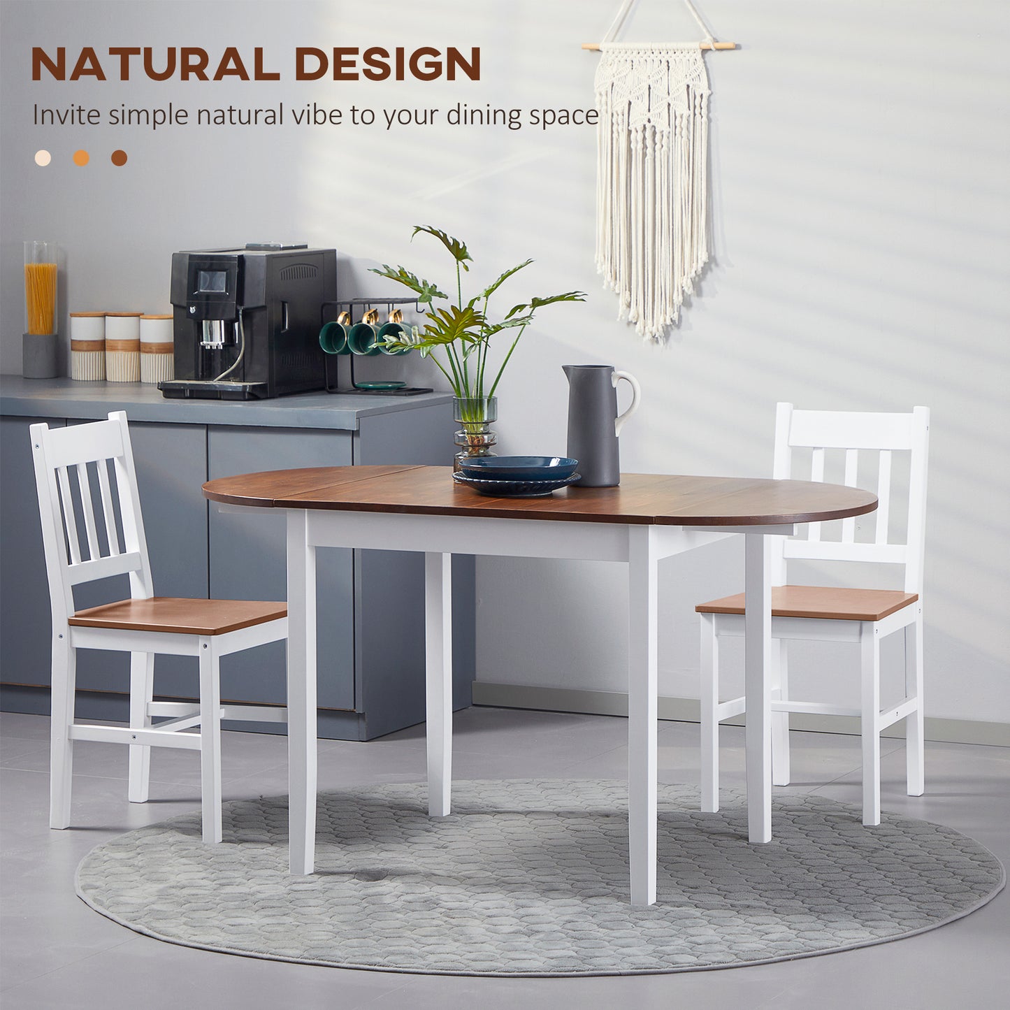 White and brown oval dining table set with two chairs in a modern kitchen setting