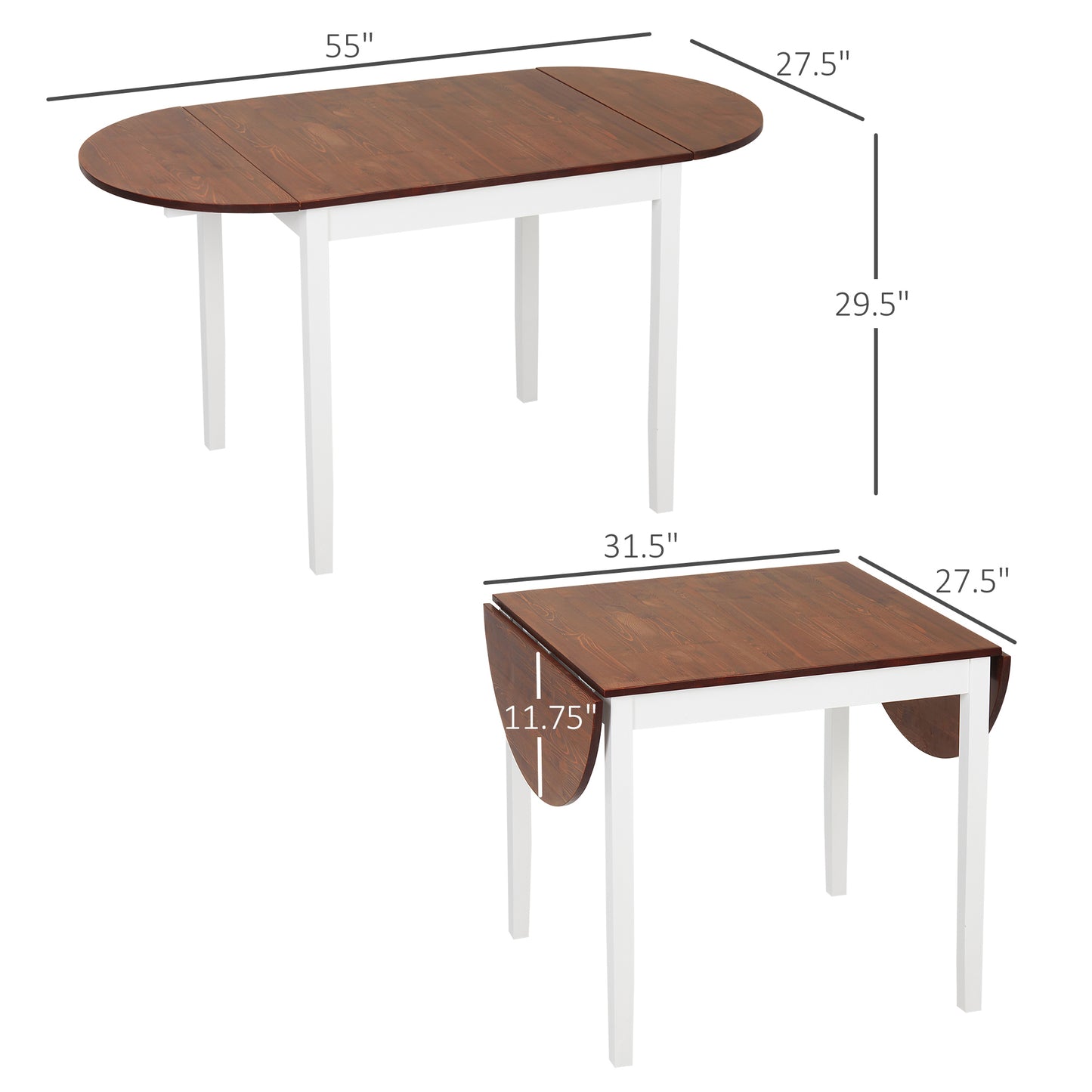 Drop leaf dining table with dark wood top and white base extended length inches