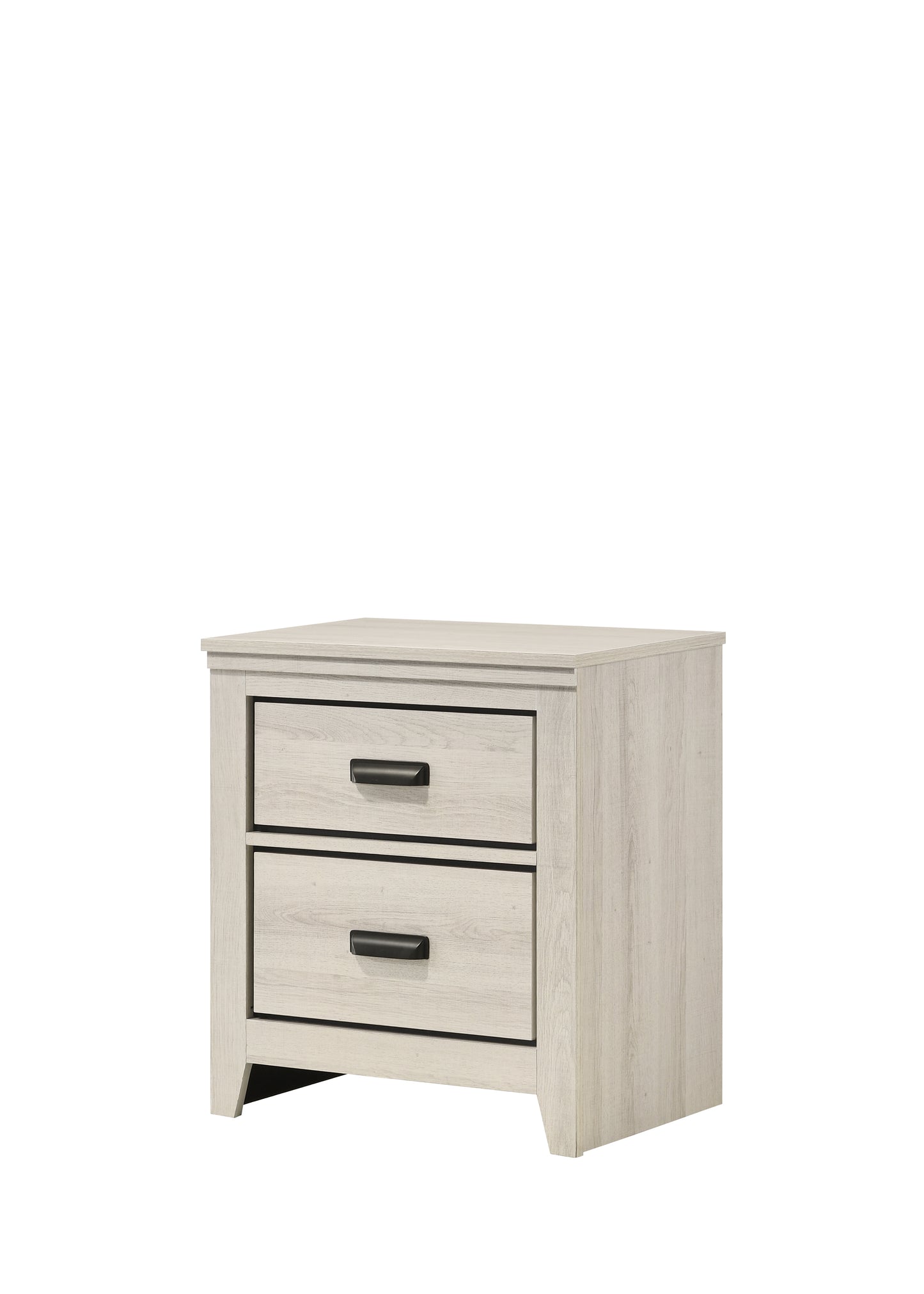 Light oak wood veneer nightstand with two drawers and black hardware ideal for bedroom storage