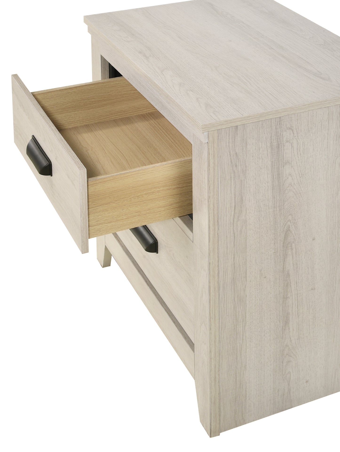 Light oak wood dresser with one drawer open featuring black hardware