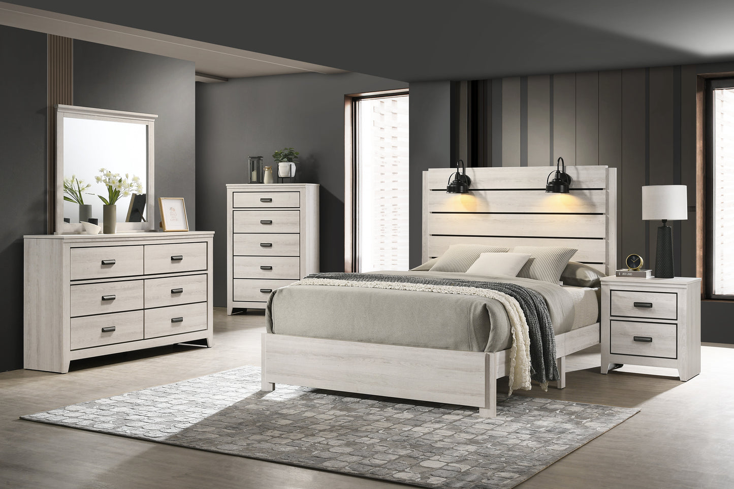 Modern white wood king bed frame with horizontal slats and integrated nightstands characters