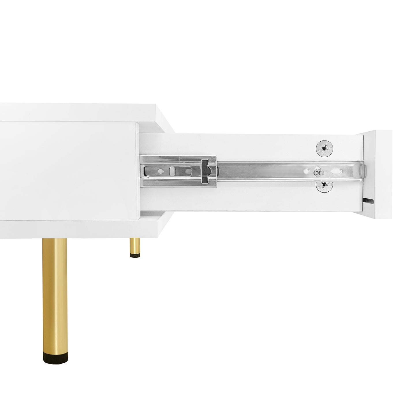 White lacquered desk drawer with smooth metal glides and gold leg detail