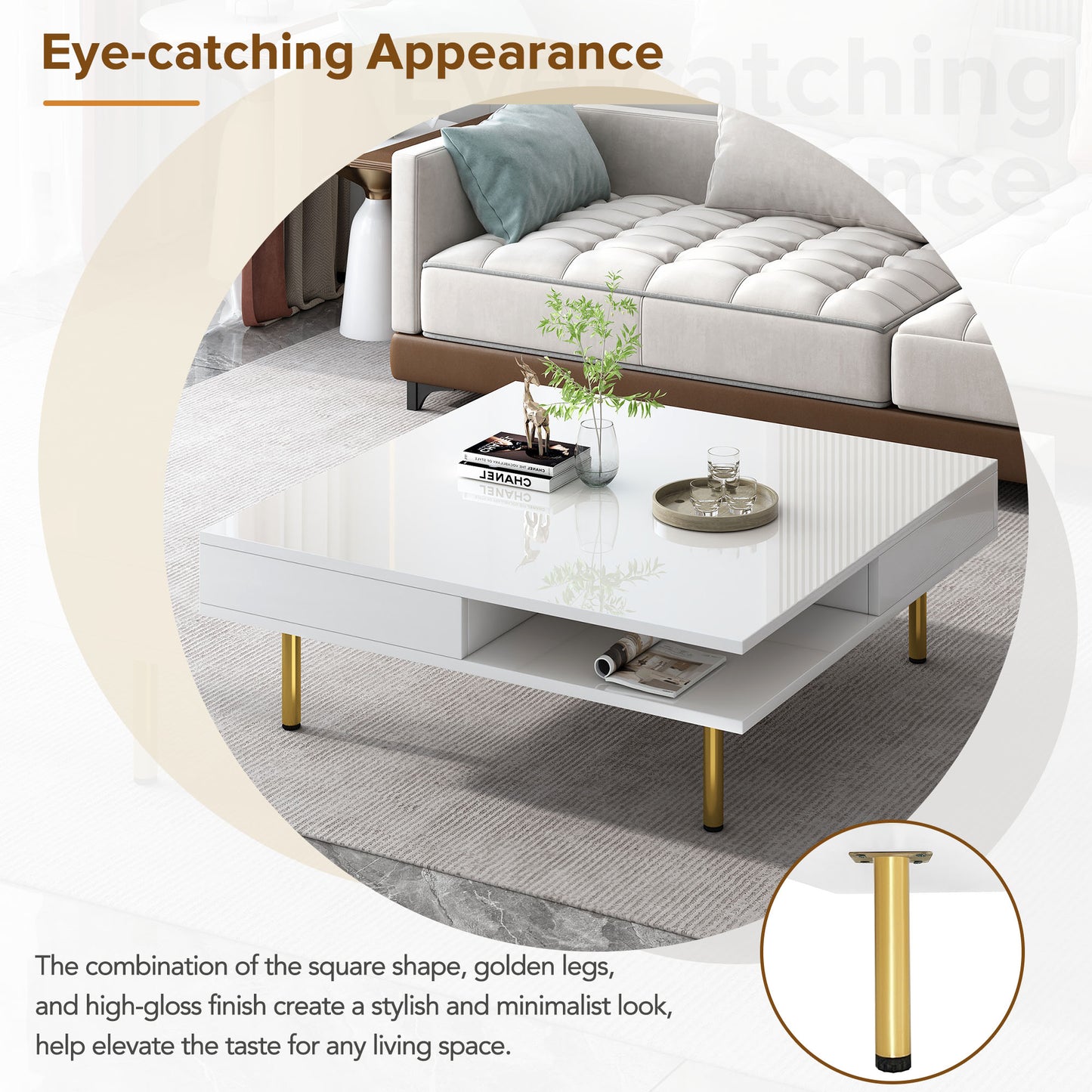 Modern white square coffee table with two drawers and golden legs