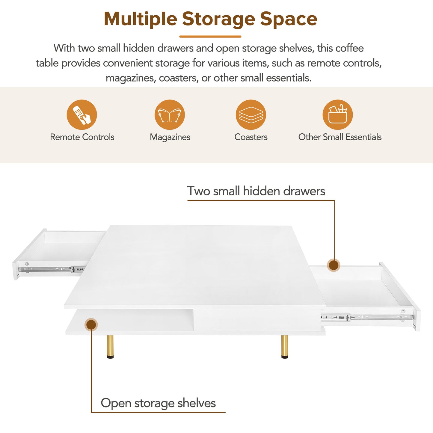 Modern white coffee table with two hidden drawers and open storage shelves for living room organization