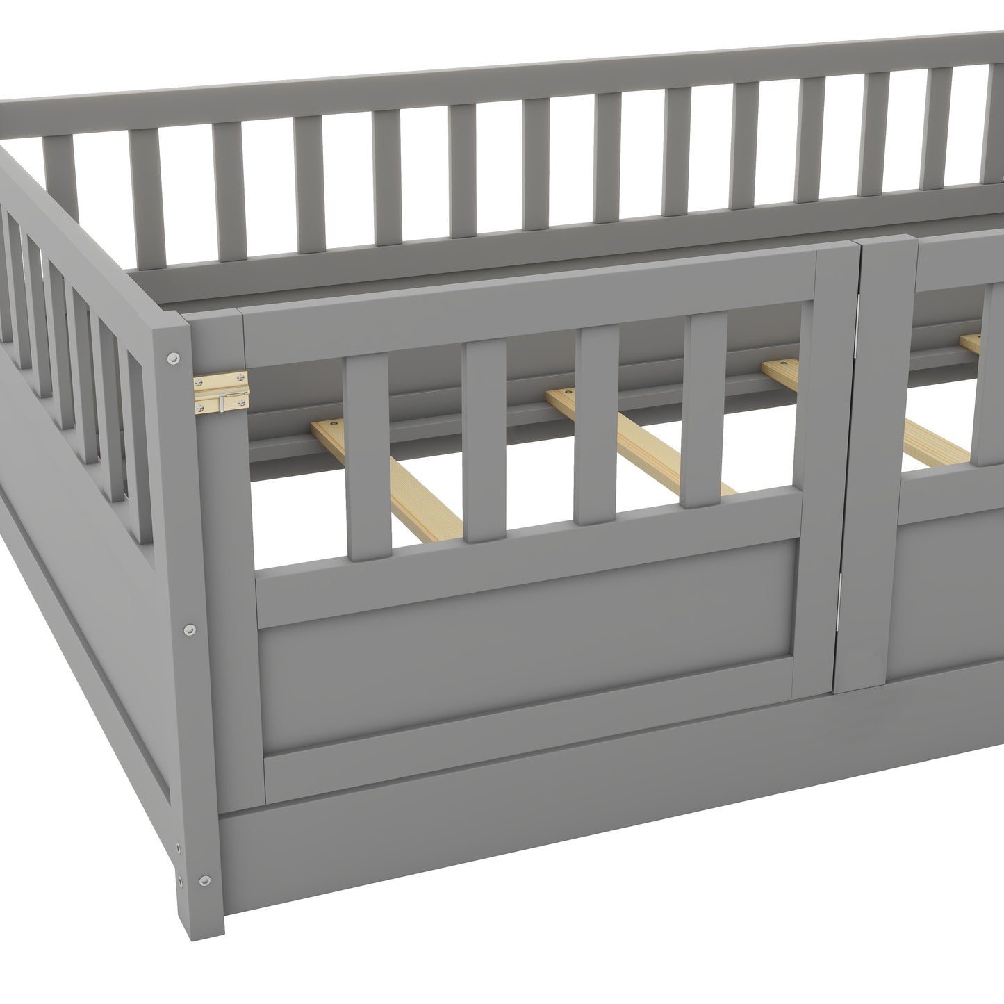 Gray toddler bed frame with wooden slats and safety rails