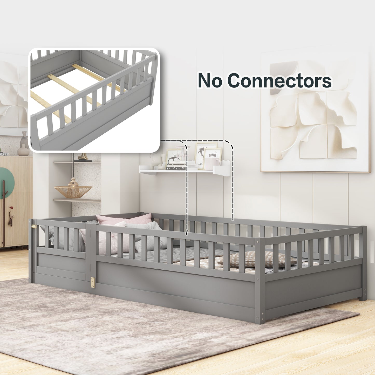 Grey wooden toddler bed frame with safety rails