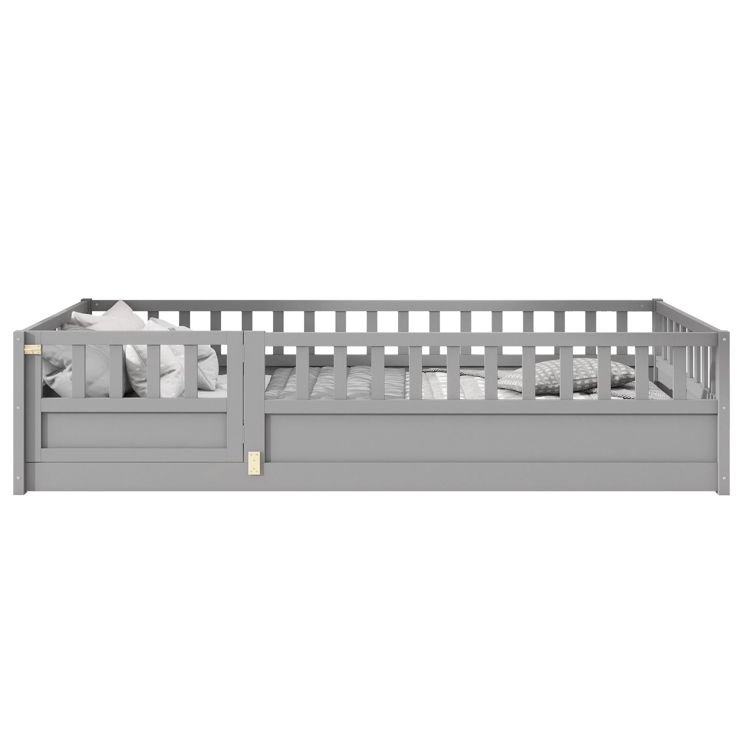 Gray wooden toddler bed with railings and patterned bedding