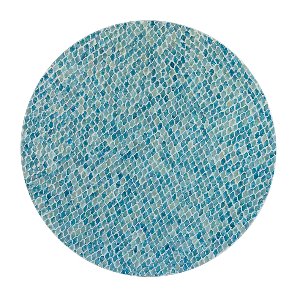 Round blue mosaic tile coaster with a subtle scale pattern