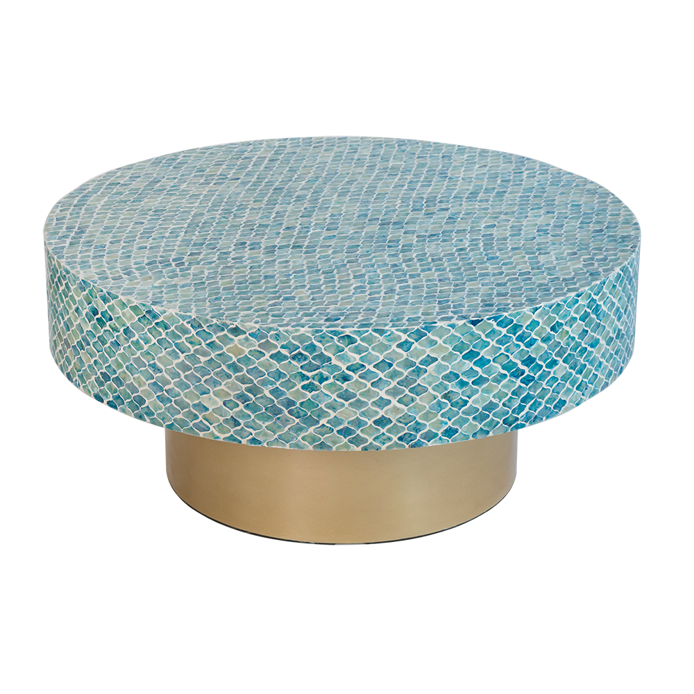 Round blue mosaic coffee table with brass base chars
