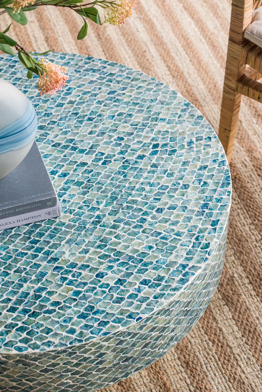 Round side table with blue mosaic tile top and sides
