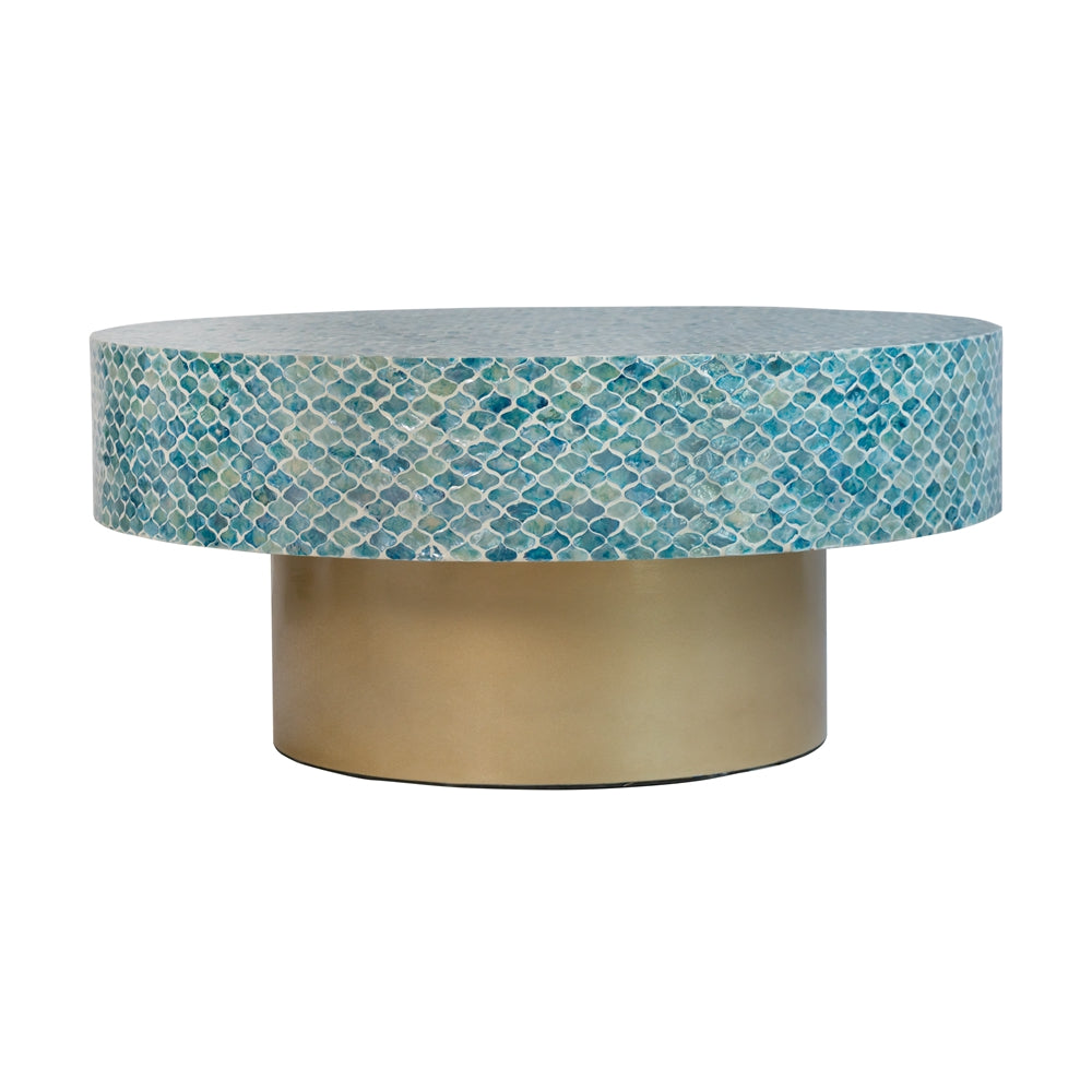 Round blue mosaic coffee table with a brushed gold base