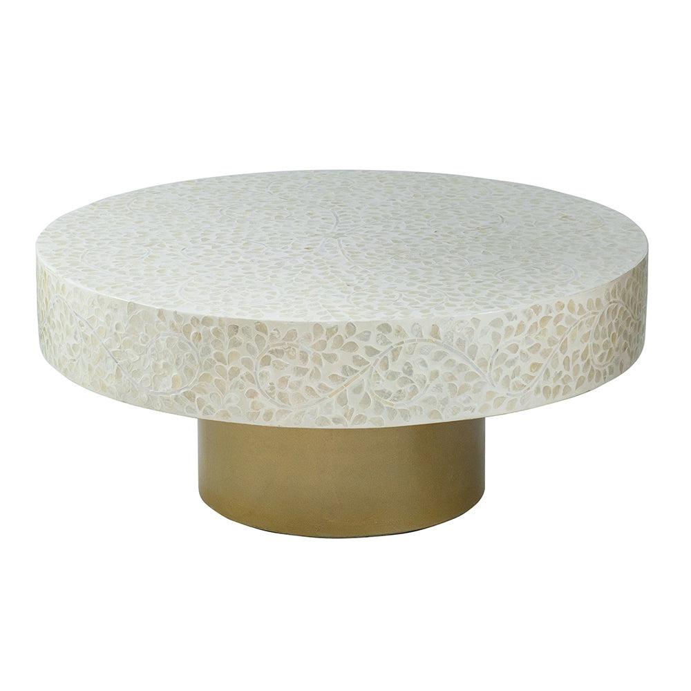 Round bone inlay coffee table with intricate floral patterns and brass pedestal base
