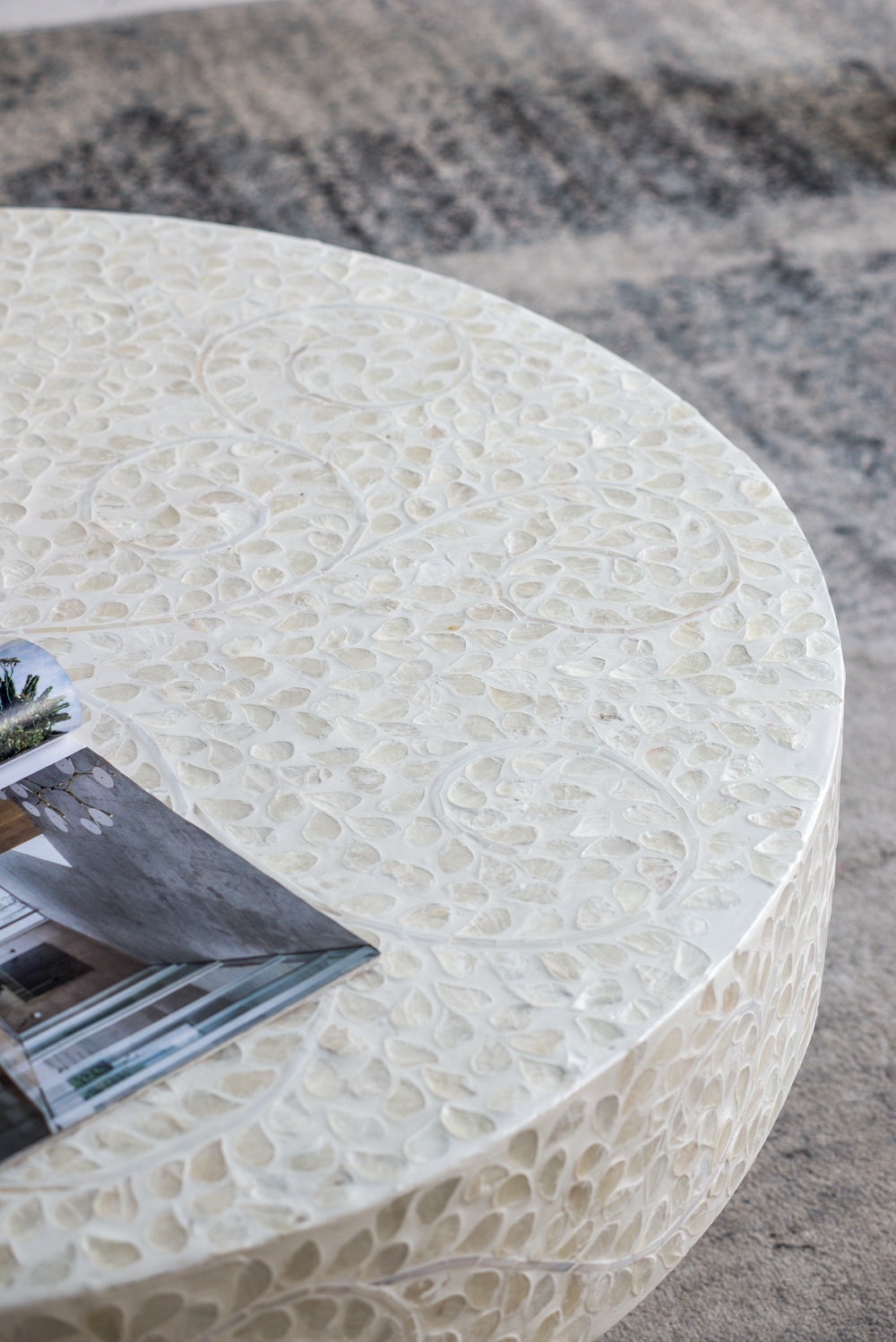 White mother of pearl inlay coffee table with floral vine pattern elegant accent piece