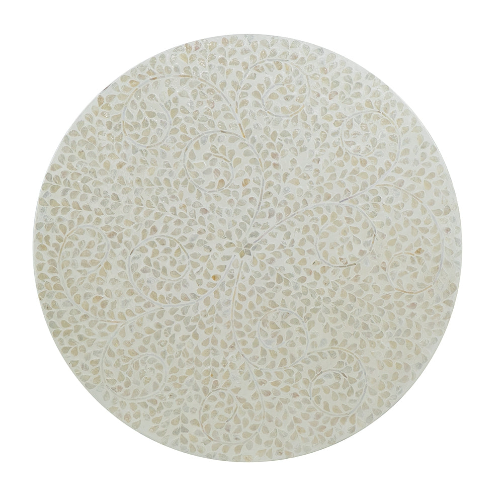 Bone inlay decorative tabletop with intricate floral vine pattern in cream and beige
