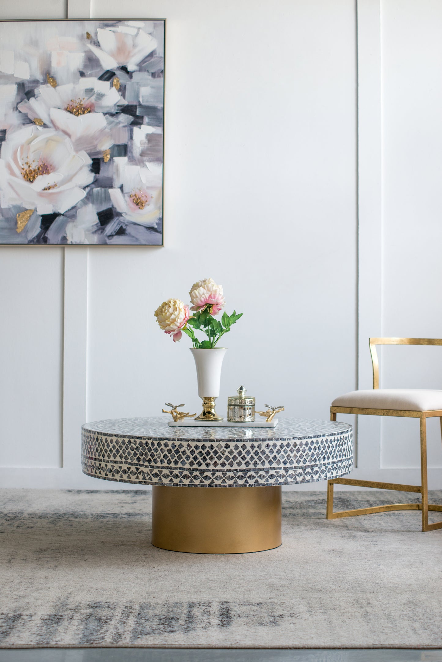 Mosaic inlay round coffee table with brass base and decorative accessories