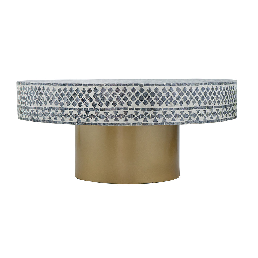 Round bone inlay coffee table with brass pedestal base mosaic pattern