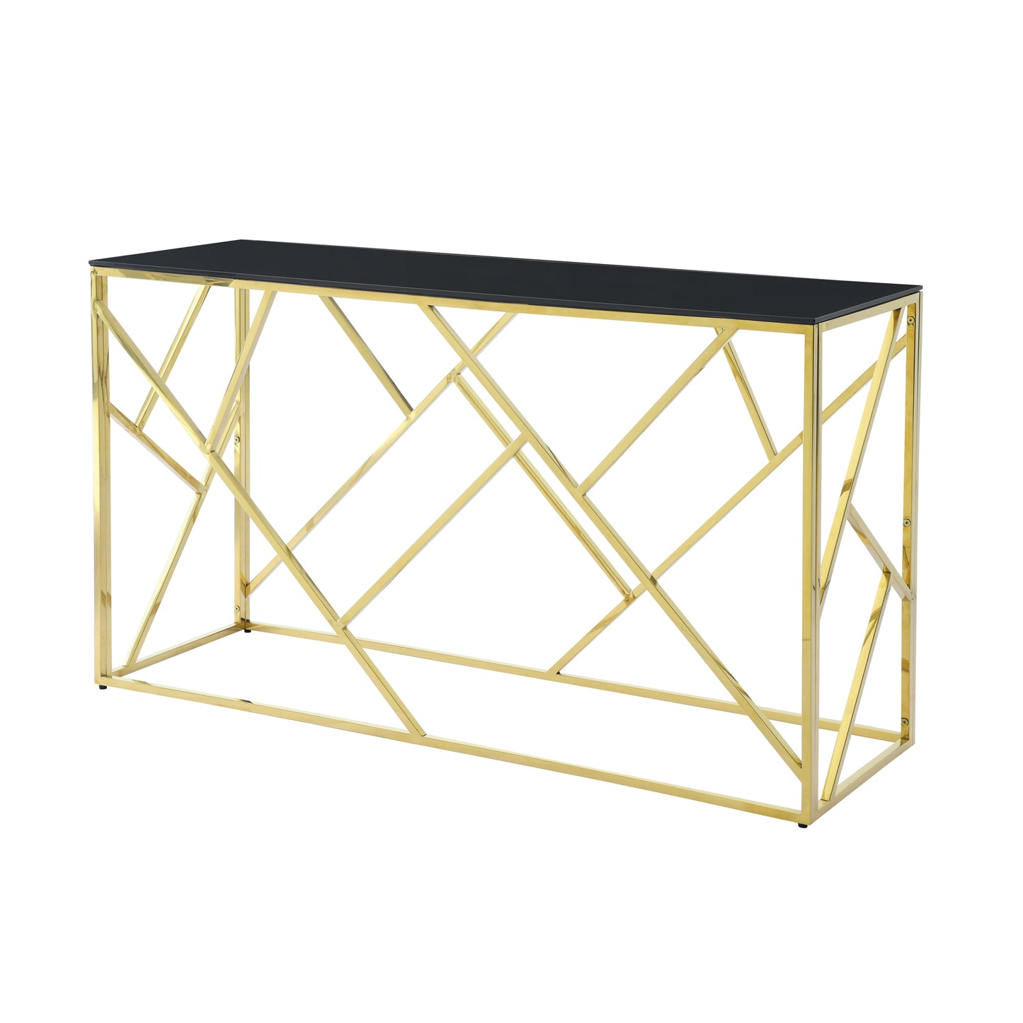 Modern gold metal console table with black glass top and geometric frame