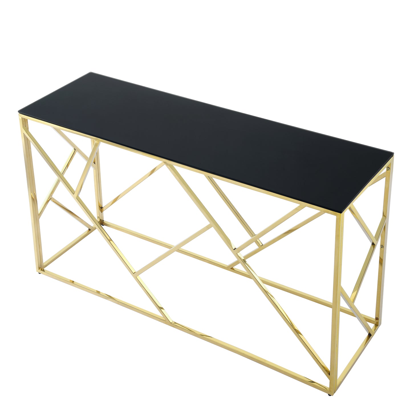 Modern gold console table with a sleek black glass top and geometric base