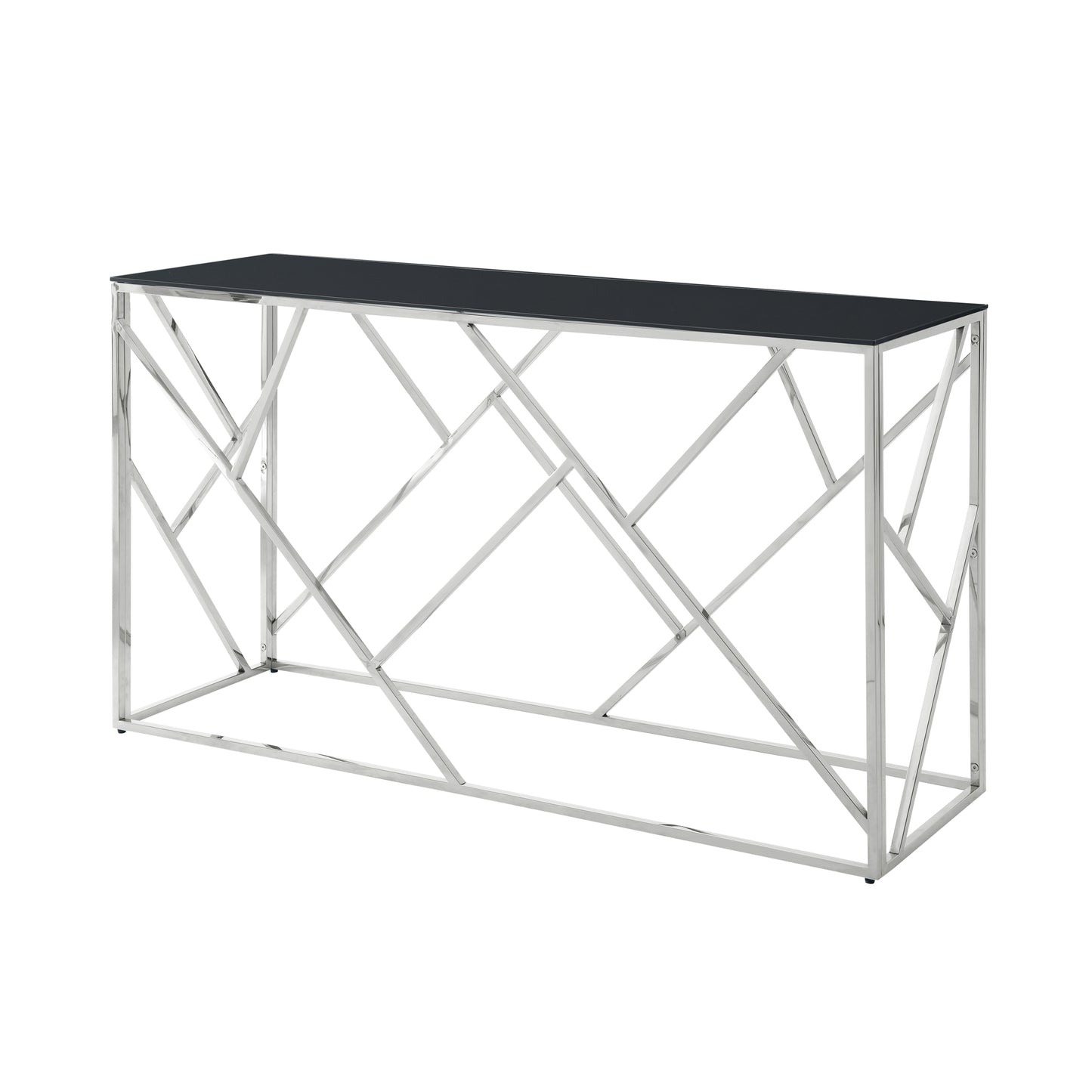 Sleek console table with a black glass top and polished chrome geometric base